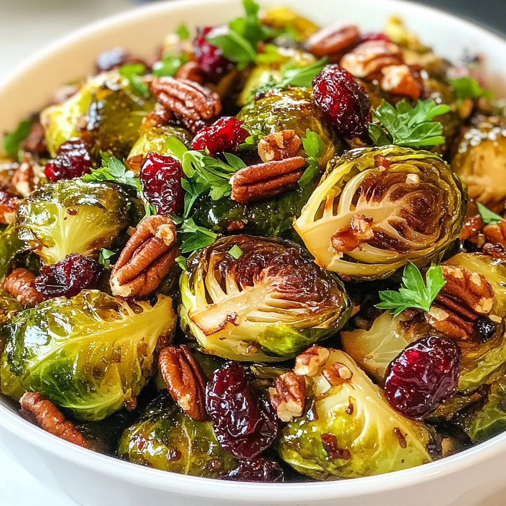 - 1 pound Brussels sprouts, trimmed and halved - 1/2 cup pecans, roughly chopped - 1/2 cup dried cranberries - 2 tablespoons extra virgin olive oil - 1 tablespoon balsamic vinegar - 1 teaspoon honey or maple syrup - Salt and freshly ground black pepper to taste - 1 teaspoon garlic powder - 1 teaspoon onion powder - Fresh parsley or chives for garnish Brussels sprouts are the star of this dish. They are small, round, and a bit nutty. When you roast them, they become sweet and crispy. Pecans add a nice crunch. They bring a rich flavor that pairs well with the sprouts. Dried cranberries add a sweet bite. Their tartness balances the dish beautifully. Extra virgin olive oil makes everything come together. It helps the sprouts roast evenly. Balsamic vinegar adds a tangy kick. It brings depth to the dish. Honey or maple syrup can sweeten the mix, making it even better. Seasoning is key. Salt and freshly ground black pepper enhance all the flavors. Garlic powder and onion powder bring warmth and earthiness. Lastly, fresh parsley or chives make for a gorgeous garnish. They add color and a fresh taste. - Alternative sweeteners (e.g., agave syrup) - Additional spices for enhancing flavor You can swap honey for agave syrup if you want a vegan option. Other spices like paprika or chili flakes can add heat. Feel free to experiment to find what you love best. Brussels sprouts are full of vitamins. They are high in fiber, which helps digestion. They also have antioxidants, which are great for health. Pecans are good fats. They may help lower cholesterol. They also provide protein, which is important for muscles. Cranberries are rich in vitamins and can help keep your heart healthy. Together, these ingredients create a dish that is both tasty and good for you. {{ingredient_image_2}} - Preheat the oven to 425°F (220°C). - Trim and halve 1 pound of Brussels sprouts. - Gather the other ingredients: 1/2 cup pecans, 1/2 cup dried cranberries, 2 tablespoons extra virgin olive oil, 1 tablespoon balsamic vinegar, 1 teaspoon honey or maple syrup, salt, black pepper, 1 teaspoon garlic powder, and 1 teaspoon onion powder. - In a large bowl, mix the halved Brussels sprouts with olive oil, balsamic vinegar, and honey or maple syrup. - Add garlic powder, onion powder, salt, and freshly ground black pepper. Toss everything well. - Transfer the Brussels sprouts to a baking sheet. Place them cut side down in a single layer. - Roast the Brussels sprouts for 20-25 minutes. Stir them halfway through to ensure even cooking. - In the last 5 minutes, add the chopped pecans to the baking sheet. - After roasting, toss in the dried cranberries. The heat will warm and soften them. - Taste and adjust seasoning if needed. Serve warm, garnished with fresh parsley or chives for a pop of color. The right oven temperature is key. I use 425°F (220°C) for crispy Brussels sprouts. This high heat helps caramelize the outside while keeping the inside tender. Always preheat your oven. A hot oven ensures that your sprouts roast, not steam. To avoid soggy Brussels sprouts, make sure they are dry before roasting. After washing, pat them dry with a towel. Arrange them in a single layer on the baking sheet. This gives them space to breathe and brown evenly. Spices and herbs can really boost the flavor. I love using garlic powder and onion powder for a savory punch. You can also add a pinch of chili flakes for a bit of heat. Fresh herbs like thyme or rosemary can add depth too. Different types of vinegar can change the taste. Balsamic vinegar adds sweetness. Try apple cider vinegar for a tangy twist. Experiment with rice vinegar for a milder flavor. Each option brings a new layer to your dish. These Brussels sprouts pair well with many main dishes. They complement roasted chicken or pork perfectly. Serve them alongside a hearty grain like quinoa for a complete meal. For presentation, use a large, white plate to show off the colors. Sprinkle chopped parsley or chives on top for a fresh touch. You can even add extra pecans and cranberries for a beautiful finish. This makes the dish not only tasty but also visually appealing. Pro Tips Perfectly Trimmed Brussels Sprouts: Make sure to trim the ends and remove any yellow or wilted leaves to ensure even cooking and the best flavor. Seasoning Balance: Adjust the seasoning to your taste. Adding a pinch of red pepper flakes can give a nice kick to the dish. Toasting Pecans: Keep an eye on the pecans during the last few minutes of roasting; they can burn quickly if left unattended. Serving Suggestion: For an extra touch, drizzle the finished dish with a balsamic reduction or sprinkle with feta cheese for added creaminess. {{image_4}} You can switch up the nuts and fruits in this dish. Instead of pecans, try walnuts or almonds. Both add a nice crunch and flavor. If you want to change the fruit, consider adding dried apricots or raisins. These fruits bring a sweet and chewy texture that works well with the sprouts. If you follow a vegan diet, use maple syrup instead of honey. It provides the same sweetness without animal products. For those needing gluten-free options, the ingredients in this recipe are naturally gluten-free. Just make sure to check labels on any packaged items. Feel free to explore different spices to make this dish your own. You can try adding chili flakes or black pepper for a bit of heat. Other spice blends like smoked paprika or cumin can also add a unique twist. Experimenting will help you find your favorite flavor. To store leftovers, place the Brussels sprouts in an airtight container. Make sure they cool first. They can stay fresh for up to three days in the fridge. When reheating, use the oven for best results. Preheat it to 350°F (175°C). Spread the sprouts on a baking sheet and heat for about 10-15 minutes. This keeps them crispy and tasty. You can freeze this dish for longer storage. Let the sprouts cool completely. Then, place them in a freezer-safe bag or container. Make sure to remove as much air as possible. They will last for about two months in the freezer. To defrost, move them to the fridge overnight. Reheat in the oven as mentioned above. Stored Brussels sprouts last about three days in the fridge. Signs of spoilage include a slimy texture or an off smell. If you notice any of these signs, it’s best to discard them. Always check before eating to ensure freshness. Yes, you can prepare Roasted Brussels Sprouts ahead of time. Here are the best practices: - Prep the sprouts: Clean, trim, and cut the Brussels sprouts. Toss them with oil and spices. - Store: Place them in an airtight container in the fridge. They can last for up to two days. - Roast later: When ready to serve, spread them on a baking sheet and roast as directed. This keeps them fresh and tasty. To reheat roasted Brussels sprouts without losing texture, try these methods: - Oven: Preheat your oven to 350°F (175°C). Spread the sprouts on a baking sheet. Bake for about 10-15 minutes until hot. - Skillet: Heat a little oil in a pan over medium heat. Add the sprouts and stir until warmed through, about 5 minutes. This helps retain their crispiness. - Microwave: If you’re in a hurry, place sprouts in a microwave-safe dish. Heat on medium for 1-2 minutes, checking to avoid sogginess. You can use fresh cranberries, but consider a few points: - Flavor: Fresh cranberries are tart. You may need to add more sweetener to balance the dish. - Cooking time: Fresh cranberries cook faster than dried ones. Add them later in the roasting process to avoid overcooking. - Texture: Dried cranberries add chewiness and sweetness, while fresh cranberries burst and release juice. Choose based on your taste preference! This blog post outlined a simple recipe for roasted Brussels sprouts. You learned the main ingredients, preparation steps, and helpful tips for perfect roasting. I also shared variations to suit your taste and dietary needs. Remember, experimenting with nuts and spices can brighten up this dish. Proper storage and reheating keep your leftovers tasty. Enjoy making this healthy side dish that boosts both flavor and nutrition!