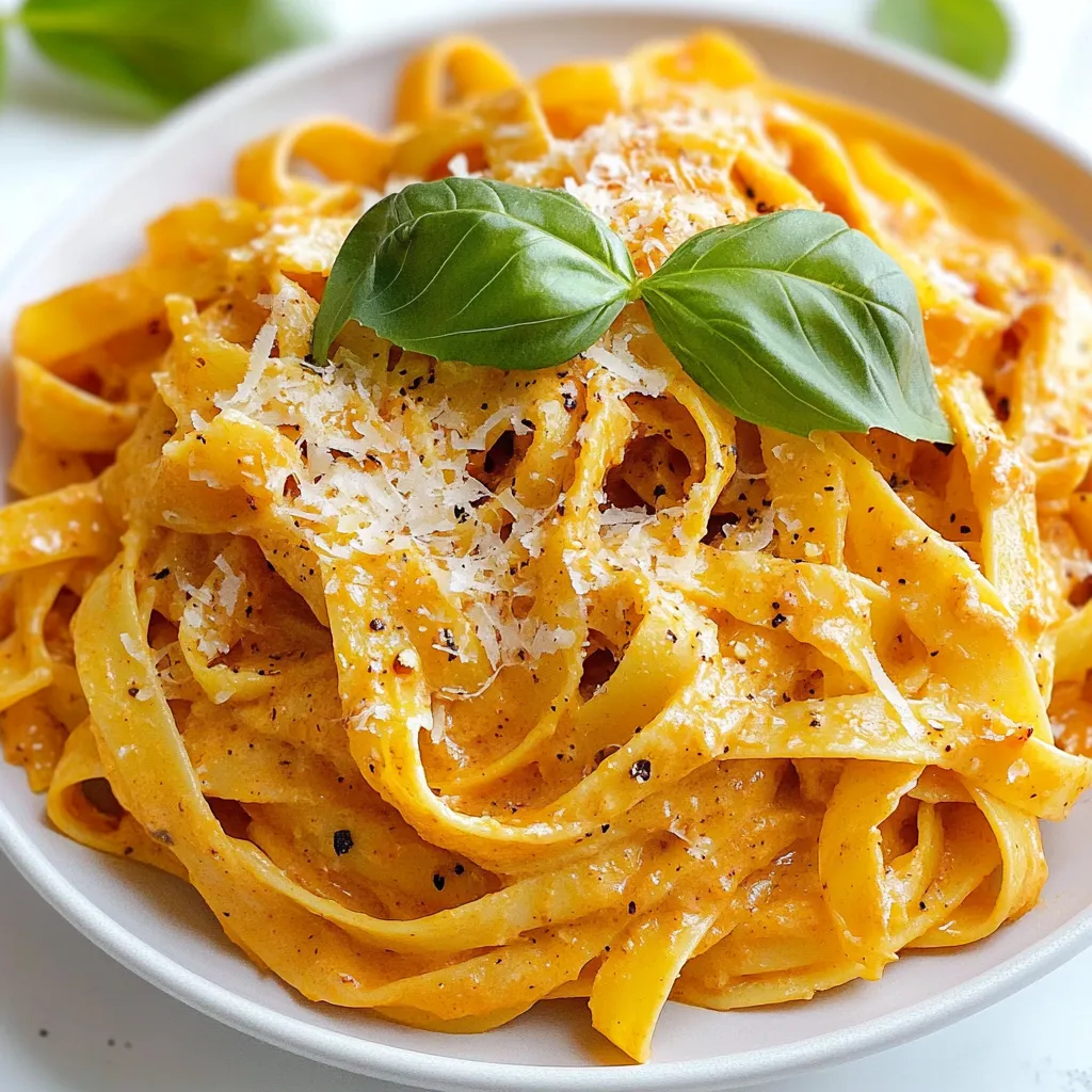 - 12 oz pasta of your choice (fettuccine or penne recommended) - 3 large red bell peppers - 1 medium onion, diced - 3 cloves garlic, minced - 1 cup heavy cream - 1 cup vegetable broth - 1/2 cup grated Parmesan cheese - 2 tablespoons olive oil - 1 teaspoon smoked paprika - Salt and pepper to taste - Fresh basil leaves for garnish Choosing fresh ingredients makes a big difference. Look for bright, firm red bell peppers. They should feel heavy for their size. A good onion will have a smooth skin and feel firm. Fresh garlic is a must for the best flavor in this dish. Heavy cream gives the sauce a rich taste and nice texture. If you want a lighter option, you can use half and half, but it won’t be as creamy. You can swap the heavy cream for a non-dairy option, like cashew cream. Use vegetable broth or chicken broth as your base. If you don’t have smoked paprika, regular paprika works, but the smoky flavor will change. You can also replace Parmesan with nutritional yeast for a vegan twist. If you want more color, try adding spinach or sun-dried tomatoes. {{ingredient_image_2}} Start by preheating your oven to 400°F (200°C). Slice three large red peppers in half and remove the seeds. Place them cut-side down on a baking sheet lined with parchment paper. Roast them for about 25–30 minutes. You want the skins to be charred and blistered. After roasting, move the peppers to a bowl and cover it tightly with plastic wrap. This will help steam the peppers for easier peeling. Wait about ten minutes before peeling off the burnt skins. While your peppers steam, bring a large pot of salted water to a boil. Add 12 oz of your favorite pasta, like fettuccine or penne. Cook the pasta according to the package instructions until it's al dente. Drain the pasta and set it aside. This will be the base for your creamy sauce. In a large skillet, heat two tablespoons of olive oil over medium heat. Dice one medium onion and add it to the skillet. Sauté for about five minutes until the onion is soft and translucent. Next, add three minced garlic cloves and sauté for another minute, stirring often. Now, take the peeled red peppers and blend them in a food processor with the sautéed onion and garlic. Add one cup of vegetable broth, one cup of heavy cream, and one teaspoon of smoked paprika. Blend until you achieve a smooth and creamy sauce. Pour this sauce back into the skillet and bring it to a gentle simmer. Gradually stir in half a cup of grated Parmesan cheese. If the sauce is too thick, add a splash more vegetable broth. Taste and season with salt and pepper as needed. Finally, add the drained pasta to the skillet. Toss it gently in the sauce to coat every piece. Let it heat through for about a minute, and then you're ready to serve! To get the best flavor from your peppers, start with fresh, ripe red bell peppers. Slice them in half and remove the seeds. Place them cut-side down on a baking sheet lined with parchment paper. Roast them at 400°F (200°C) for 25-30 minutes. Look for deep charring on the skins. This gives the peppers a rich, smoky taste. After roasting, cover them with plastic wrap. Let them steam for about 10 minutes. This step helps you peel the skins off easily. For a creamy sauce, use high-quality heavy cream. Blend the roasted peppers with sautéed onions and garlic. Add vegetable broth for smoothness. Blend until you have a silky texture. If your sauce is too thick, add more vegetable broth a little at a time. Stir in grated Parmesan cheese gradually. This will enhance the creaminess and flavor. Keep the sauce on low heat after blending to maintain warmth and texture. Taste your sauce as you cook. Start with salt and pepper, then adjust to your liking. Smoked paprika adds a nice depth. If you prefer a little kick, consider adding a pinch of red pepper flakes. Fresh basil leaves make a great garnish and add freshness. Mixing in some lemon juice can brighten the dish too. Remember, seasoning enhances flavor. Adjust as needed for your taste buds! Pro Tips Roasting Peppers: For an even deeper flavor, consider charring the peppers on a grill instead of in the oven. Choosing Pasta: Pasta types like fettuccine or penne hold the creamy sauce well, ensuring each bite is flavorful. Adjusting Creaminess: If you prefer a lighter sauce, substitute half of the heavy cream with Greek yogurt or a plant-based alternative. Herb Infusion: Add fresh herbs like thyme or oregano while sautéing the onions for an extra layer of flavor. {{image_4}} You can easily add protein to this dish. Chicken breast, shrimp, or sausage work well. Cook the protein before adding it to the sauce. For chicken, grill or pan-sear it until fully cooked. For shrimp, sauté them until they turn pink. If you use sausage, slice it thin and cook it in the skillet before the onions. This way, the meat becomes flavorful and pairs well with the creamy sauce. If you want a vegan version, swap out the cream and cheese. Use coconut milk or cashew cream instead. You can also use nutritional yeast for a cheesy flavor. For the broth, make sure it’s vegetable-based. This keeps the dish creamy and rich without dairy. Don’t forget to adjust the seasoning to match your taste. To boost the flavor, consider adding herbs and spices. Fresh basil or parsley can brighten up the dish. For a kick, add red pepper flakes or a splash of lemon juice. You could also try a hint of balsamic vinegar for depth. Mix in some sun-dried tomatoes for extra sweetness. These simple tweaks will make your pasta even more exciting! To store leftovers, let the pasta cool first. Place it in an airtight container. You can keep it in the fridge for about 3 to 4 days. For reheating, you can use a skillet or microwave. If using a skillet, add a splash of water or broth to keep it moist. Heat over low until warmed through. In the microwave, cover the pasta and heat in 30-second bursts, stirring in between. You can freeze this pasta dish, too. Use a freezer-safe container. It stays good for up to 2 months. To reheat, thaw overnight in the fridge. Then, heat it in a skillet or microwave as described above. Yes, you can use jarred roasted red peppers. They save time and effort. Just drain and rinse them before use. This switch will still give you a tasty sauce. However, fresh roasted peppers add a deeper flavor. To make this creamy roasted red pepper pasta gluten-free, choose gluten-free pasta. Many brands offer great options. Look for ones made from rice or chickpeas. Always check labels for allergens. Fettuccine or penne work best for this dish. They hold sauce well and offer great texture. You can also try spaghetti or rigatoni for a fun twist. Just ensure you cook the pasta al dente for the best bite. This post covered key ingredients for a delicious dish and how to prepare them. We explored step-by-step cooking methods, tips for the best results, and helpful variations. We also addressed common questions about storage and ingredient swaps. You can customize the recipe to fit your needs and taste. Enjoy making this tasty dish your own, and remember, cooking should be fun and creative!