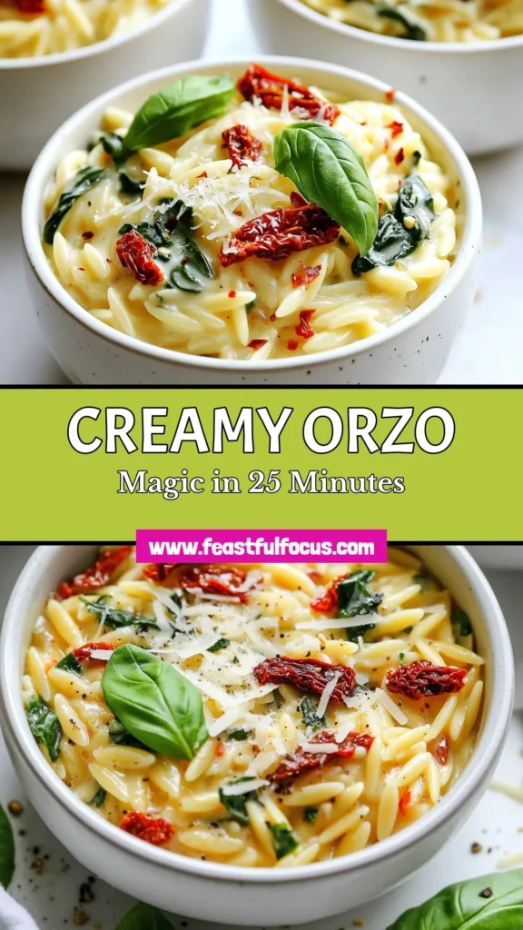 Discover a deliciously easy orzo pasta recipe with this Creamy Sun-Dried Tomato Orzo. Perfect for a weeknight dinner, this vegetarian orzo with spinach is rich, flavorful, and can be made dairy-free! Indulge in a cozy sun-dried tomato pasta dish that's ready in just 25 minutes. Don't miss out on this delightful recipe—save it for your next meal! #CreamyOrzo #EasyPastaRecipe #DairyFreeRecipes #VegetarianDinner