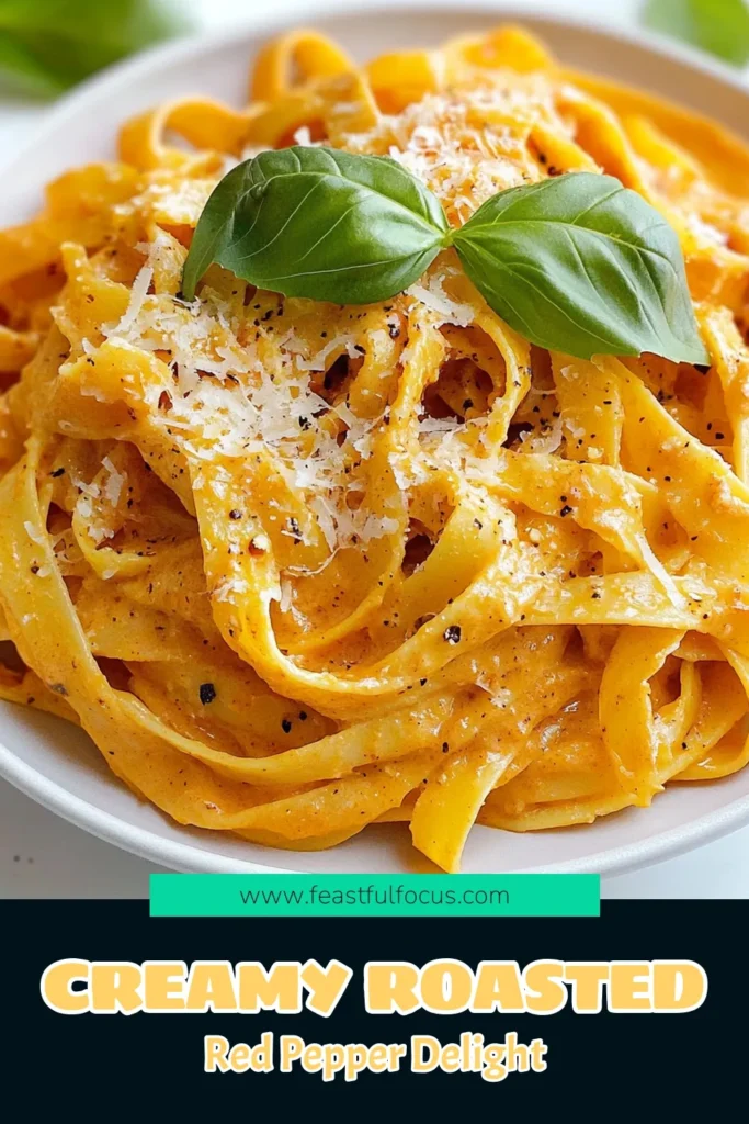 Savor the deliciousness of creamy roasted red pepper pasta with this easy pasta dishes recipe! Featuring a mouthwatering roasted red pepper sauce recipe, this vegetarian pasta recipe highlights fettuccine with red peppers, making it a perfect meal for any occasion. Quick to prepare and bursting with flavor, it's sure to impress your family and friends. Try it today and elevate your pasta game! Save this recipe for later! #CreamyRoastedRedPepperPasta #VegetarianRecipes #PastaLove #EasyCooking
