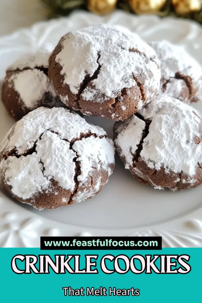 Indulge in the joy of baking with these classic chocolate crinkle cookies! This easy chocolate cookies recipe is perfect for any occasion, featuring rich cocoa powder for a deliciously decadent treat. You'll love making homemade cookies that are crispy on the outside and soft inside. Try this crinkle cookies recipe today and impress your friends and family! Don't forget to save for later! #ChocolateCrinkleCookies #EasyChocolateCookies #HomemadeCookies #DessertRecipes