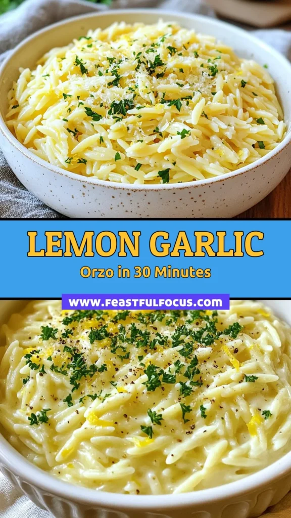Discover the deliciousness of creamy lemon garlic orzo with this easy lemon garlic orzo recipe! Perfect for a quick weeknight meal, this dish combines orzo with garlic and cream for a rich flavor. Learn how to make orzo pasta that's bursting with zesty lemon notes and topped with parmesan. Your family will love it! Save this recipe for a delightful dinner idea. #CreamyLemonGarlicOrzo #EasyOrzoDishes #LemonGarlicOrzoRecipe #OrzoWithGarlicAndCream