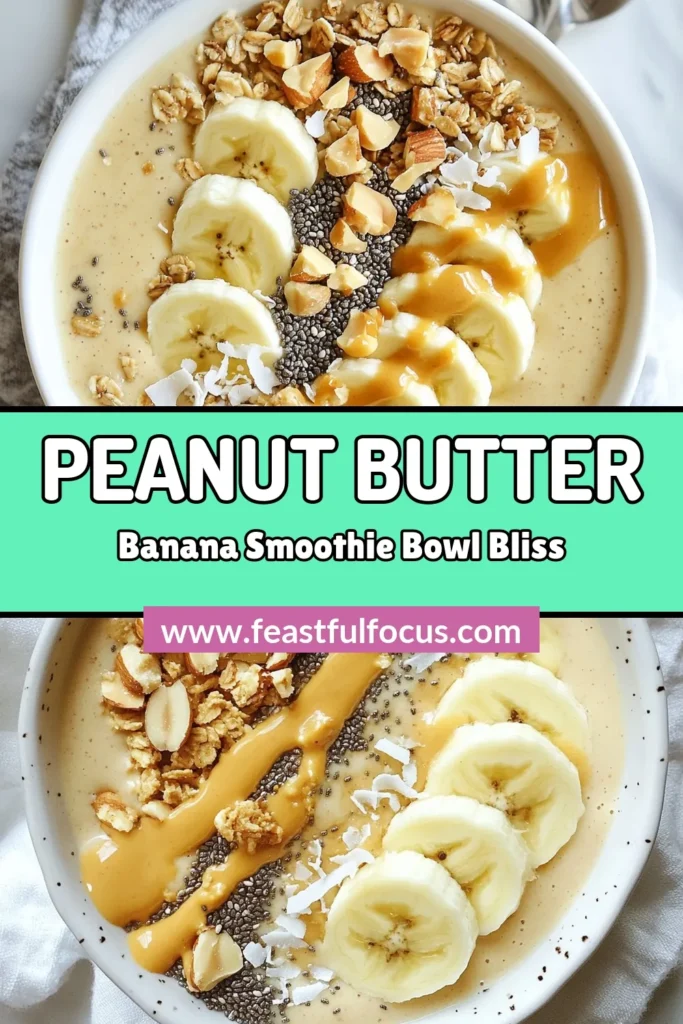 Experience the bliss of a Peanut Butter Banana Smoothie Bowl, a healthy smoothie bowl recipe that's perfect for breakfast! This vegan banana smoothie bowl is easy to whip up in just 10 minutes. Load it with nutritious smoothie bowl toppings like sliced bananas, granola, and chia seeds for extra flavor. Start your day off right with this quick smoothie bowl breakfast! Try it today and elevate your mornings! #SmoothieBowl #HealthyBreakfast #VeganRecipes #PeanutButter