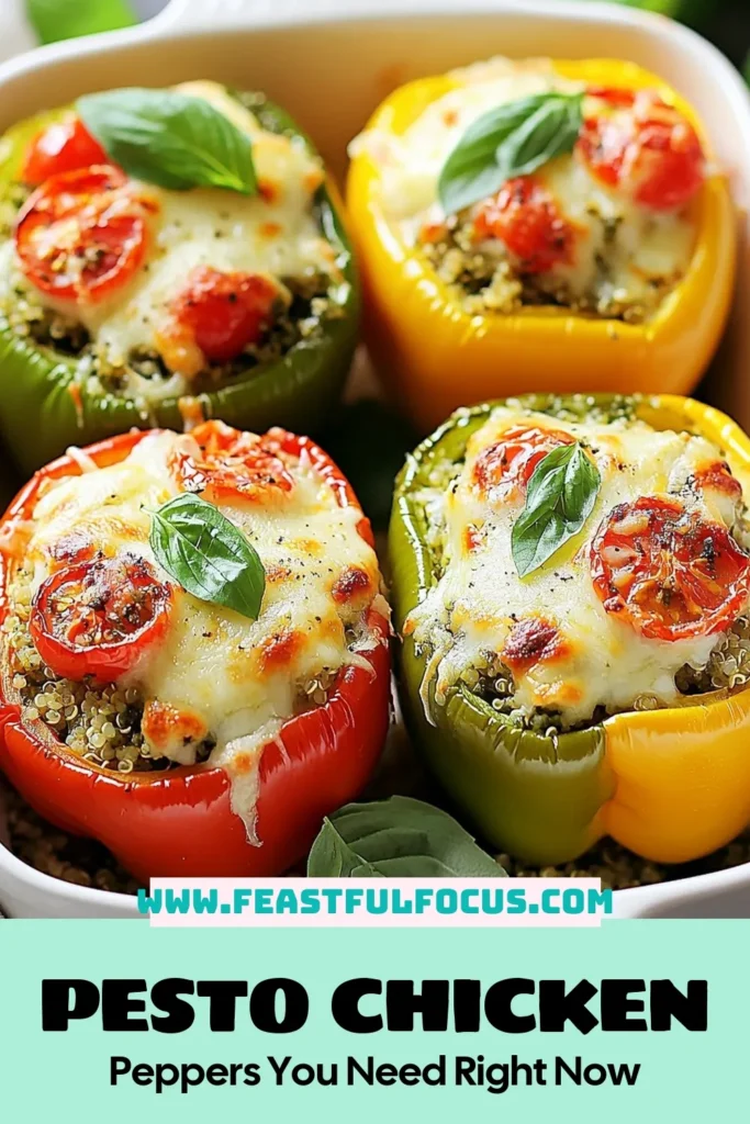 Looking for a delicious, nutritious dinner idea? Try these Pesto Chicken Stuffed Peppers! This Healthy Stuffed Peppers Recipe features juicy bell peppers packed with shredded chicken, basil pesto, and quinoa for a balanced meal. Perfect for an Easy Chicken Dinner, these flavorful quinoa stuffed peppers will impress your family. Don’t forget to save this recipe for your next bell pepper creations! #PestoChickenStuffedPeppers #HealthyDinner #QuinoaStuffedPeppers #EasyRecipes