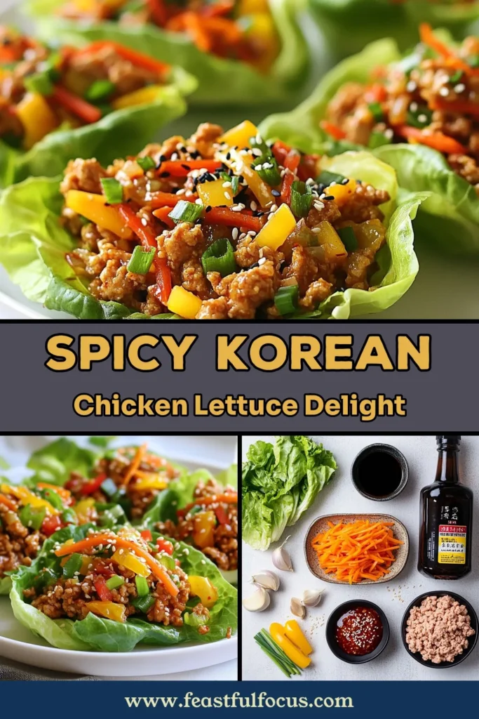 Discover this delicious spicy Korean chicken recipe featuring ground chicken tossed in savory Gochujang for the perfect kick! These healthy chicken recipes come to life in easy lettuce cups that make for a fun and interactive meal. Perfect for family dinners or meal prep, this lettuce cups recipe is sure to impress. Click to save and try these flavorful ground chicken lettuce wraps today! #KoreanCuisine #HealthyRecipes #ChickenWraps #SpicyFood