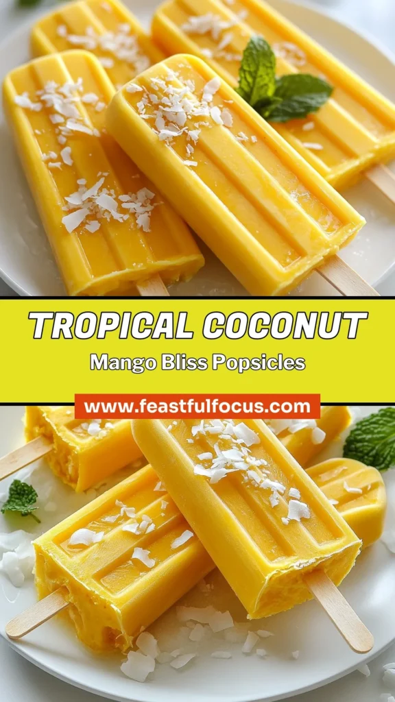 Indulge in the tropical delight of Coconut Mango Popsicles! This homemade popsicle recipe combines sweet ripe mangoes with rich coconut milk for a refreshing treat. Perfect for those seeking healthy frozen treats, these mango coconut desserts are easy to make and packed with flavor. Enjoy a bite of paradise with each creamy popsicle. Save this recipe and start blending your way to a delicious summer! #CoconutMangoPopsicles #HealthyFrozenTreats #TropicalFruitPopsicles #MangoCoconutDessert