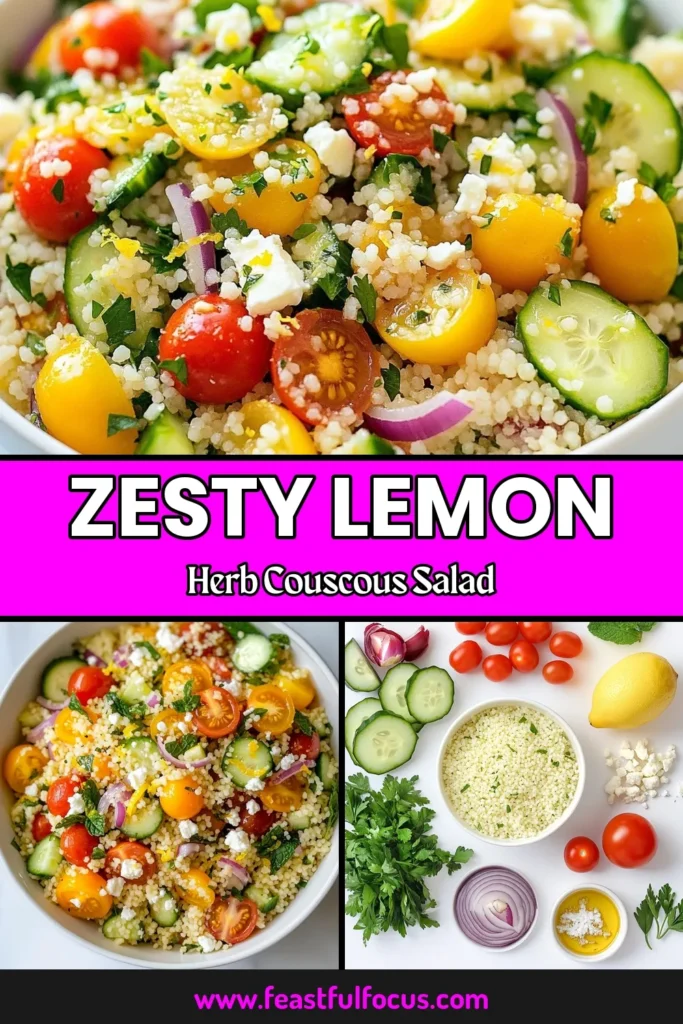 Discover the refreshing taste of Lemon Herb Couscous Salad, the perfect addition to your healthy couscous recipes! This Mediterranean couscous salad features vibrant cherry tomatoes, cucumber, and a hint of lemon, making it an ideal fresh salad with feta. Enjoy this delicious vegetarian couscous dish that's easy to prepare and perfect for any occasion. Click to save and enjoy this delightful recipe today! #CouscousSalad #HealthyRecipes #MediterraneanCuisine #VegetarianDish