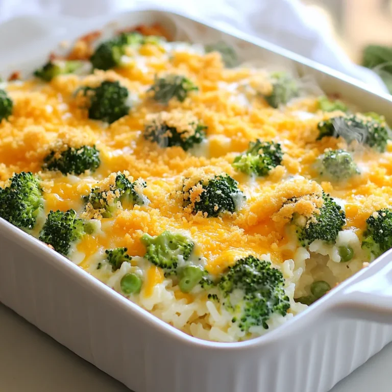 - 2 cups cooked jasmine or basmati rice - 2 cups fresh broccoli florets - 1 cup sharp cheddar cheese - 1 cup cream cheese - 1/2 cup sour cream - 1/2 cup vegetable broth - Garlic powder, onion powder, black pepper, salt, and olive oil I love using simple ingredients to make Cheesy Broccoli Rice Casserole. First, you need two cups of cooked rice. I prefer jasmine or basmati rice. Both give a lovely texture and flavor. Next, grab two cups of fresh broccoli florets. Lightly steam them until they turn bright green. This helps keep them crisp. Now, let's talk cheese. I use one cup of sharp cheddar cheese. It melts perfectly and adds a great taste. For the creamy base, you’ll need one cup of cream cheese, softened. This makes the casserole rich. Also, add half a cup of sour cream for tanginess. For more flavor, use half a cup of vegetable broth. It adds depth without overpowering the dish. Don’t forget the spices! You need garlic powder, onion powder, freshly ground black pepper, and salt. A drizzle of olive oil adds moisture and helps the flavors blend. With these ingredients, you’ll create a comforting meal that is easy to make and loved by all. {{ingredient_image_2}} - Preheat the oven to 350°F (175°C). This helps cook the casserole evenly. - In a large bowl, mix the cooked rice, broccoli, sharp cheddar, cream cheese, sour cream, and vegetable broth. Add garlic powder, onion powder, black pepper, and salt. Stir until everything is creamy and well combined. - Grease a 9x13 inch baking dish with olive oil. This step prevents sticking. - Pour the rice and broccoli mixture into the greased dish. Spread it out evenly with a spatula. - In a small bowl, mix the breadcrumbs with the remaining tablespoon of olive oil. Toss them to coat. This will give your topping a nice crunch. - Sprinkle the breadcrumb mixture evenly over the casserole. - Bake the casserole in the preheated oven for 25-30 minutes. Look for a golden brown top and bubbling cheese. This shows it’s ready to eat. You can swap cream cheese with Greek yogurt. This will still give you creaminess but with less fat. If you need a sour cream alternative, try using plain yogurt. It adds a nice tang. For cheese, sharp cheddar reigns supreme, but you can mix it up! Try gouda for a smoky taste or mozzarella for a milder flavor. A blend of cheeses also works great! Make sure your broccoli is steamed just right. Steam it until it turns bright green but still stays crisp. Overcooking makes it mushy, and we want that crunch! Let your casserole rest for about five minutes after baking. This helps the flavors mix well. Plus, it makes serving easier. If you skip this step, it might fall apart. For a cozy feel, serve the casserole right from the baking dish. If you want to impress, slide it onto a large platter. A sprinkle of parsley or chives on top adds a lovely green touch. Pair this dish with a simple green salad or crusty bread. A light white wine can also elevate your meal. Enjoy every bite! Pro Tips Perfectly Steamed Broccoli: To achieve the ideal bright green color and crisp-tender texture, steam the broccoli florets for just 2-3 minutes. This ensures they retain their vibrant color and nutrients. Cheese Variations: Experiment with different types of cheese like mozzarella or gouda for a unique flavor profile. Mixing cheeses can also enhance the creaminess of the casserole. Breadcrumb Topping: For added flavor, mix in some grated Parmesan cheese or Italian herbs into the breadcrumb topping. This will elevate the crunch with an extra layer of taste. Resting Time: Allow the casserole to rest for at least 5 minutes after baking. This helps the dish set, making it easier to serve and enhancing the overall flavor. {{image_4}} You can make this casserole lighter. Try using whole grain rice. It adds fiber and nutrients. You can also swap in low-fat dairy. Use low-fat cream cheese and sour cream. This keeps the creamy texture while cutting calories. To enhance the flavor, add proteins. Cooked chicken or shrimp works well. They add heartiness and make it a full meal. You can also add different veggies. Chopped bell peppers or carrots add color and crunch. This makes the dish more exciting. Change up the recipe with seasonal veggies. In winter, try using root vegetables like carrots or squash. In summer, fresh zucchini or corn adds brightness. Seasonal options keep the meal fresh and exciting all year long. You can store leftover Cheesy Broccoli Rice Casserole in the fridge for up to four days. To keep it fresh, place it in an airtight container. This helps prevent moisture loss and keeps the flavors intact. If you plan to eat it later, make sure to cool it down before sealing it. To freeze the casserole, let it cool completely first. Then, cover it tightly with plastic wrap or foil. You can also use a freezer-safe container. It will stay good for about three months. When you’re ready to enjoy it, thaw it in the fridge overnight. This helps keep the texture nice. When reheating, the goal is to keep it creamy and avoid dryness. The best way is to use the oven. Preheat it to 350°F. Place the casserole in an oven-safe dish. Add a splash of vegetable broth to keep it moist. Cover it with foil and bake for about 20 minutes. You can also microwave it, but stir it every so often to heat evenly. Yes, you can make this dish ahead of time. Start by preparing the casserole as normal. After mixing all the ingredients, cover the dish with foil. You can store it in the fridge for up to two days. When you are ready to bake, just add a few extra minutes to the cooking time. This makes it great for busy nights or special occasions. Cheesy Broccoli Rice Casserole pairs well with many dishes. You can serve it with grilled chicken for protein. A simple green salad makes a fresh side. For a heartier meal, try some roasted veggies or a nice piece of fish. These sides balance the creamy casserole and add more color to your plate. Yes, frozen broccoli works great in this casserole. Just make sure to thaw it first and drain any excess water. This helps prevent the casserole from becoming too soggy. Frozen broccoli is often pre-blanched, so it cooks quickly and saves you time. It’s a convenient option when fresh broccoli isn’t available. This blog post shared how to make a delicious Cheesy Broccoli Rice Casserole. We covered the key ingredients like rice, broccoli, and cheese. You learned step-by-step cooking methods, helpful tips, and tasty variations. Remember to store your leftovers right, so they stay fresh. This dish is easy and versatile. You can enjoy it any time. I hope you feel excited to try this recipe. Happy cooking!