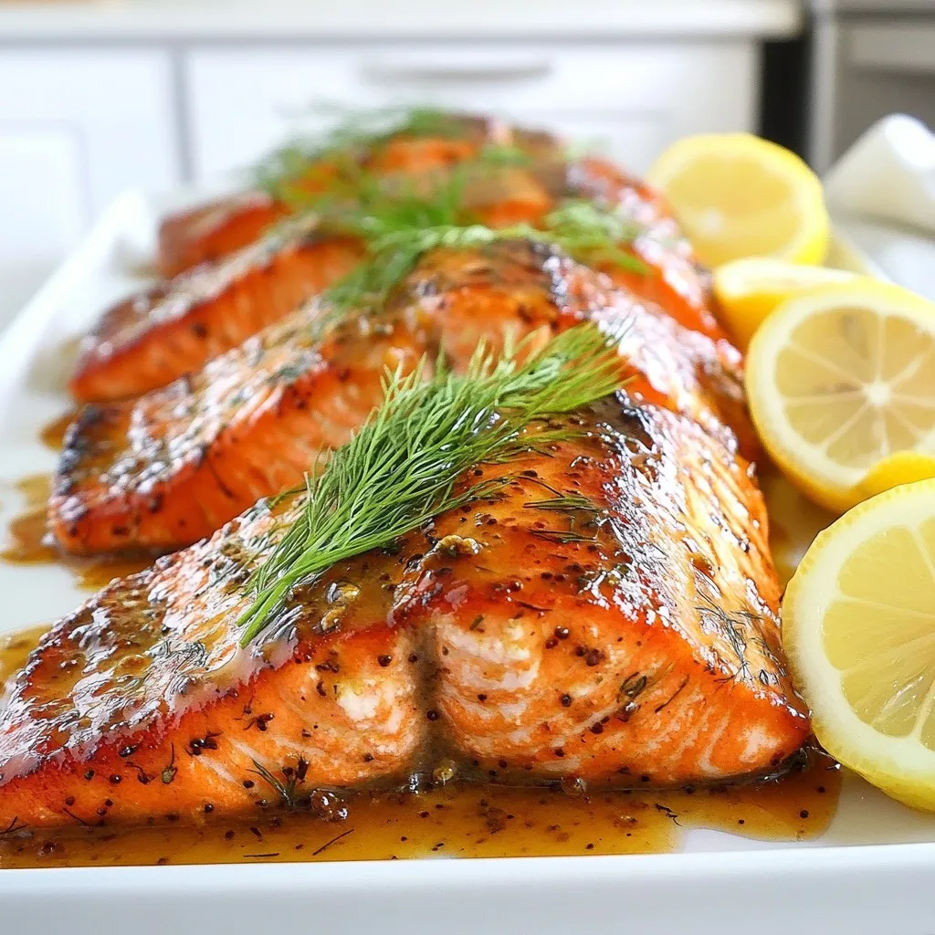 - 4 salmon fillets (6 oz each), skin-on - 1/4 cup pure honey - 1/4 cup Dijon mustard, smooth - 2 tablespoons low sodium soy sauce - 2 tablespoons extra virgin olive oil - 2 cloves garlic, finely minced - Sea salt and freshly cracked black pepper to taste - Fresh dill or parsley sprigs for garnishing - Lemon wedges for a refreshing finish The main ingredients are simple yet powerful. Salmon fillets are the star here. Their rich flavor pairs well with the sweet honey and tangy mustard. The soy sauce adds depth, while the olive oil helps the glaze stick. Garlic brings in a savory note, making each bite delightful. You can easily find these ingredients at your local store. Fresh salmon is best for a tender texture. Honey and mustard should be pure for the best taste. The soy sauce should be low sodium to keep the dish healthier. Add the finishing touches with salt, pepper, and herbs. Fresh dill or parsley sprigs brighten the plate. Lemon wedges add a zesty kick that balances the glaze. These small details make the dish even more appealing. This list of ingredients ensures a quick prep. You will have a tasty, gourmet meal ready in no time! {{ingredient_image_2}} - Preheat oven to 400°F (200°C). - Line a baking sheet with parchment paper. First, I heat the oven. This step is key for cooking the salmon just right. While the oven warms up, I prepare my baking sheet. Lining it with parchment paper helps with easy cleanup later. - Combine honey, Dijon mustard, soy sauce, olive oil, and garlic. - Whisk until smooth. Next, I make the glaze. In a medium bowl, I mix honey, Dijon mustard, soy sauce, olive oil, and minced garlic. I whisk it all together until it becomes smooth and creamy. This glaze gives the salmon a sweet and tangy flavor. - Arrange salmon fillets on the baking sheet, skin-side down. - Season with sea salt and black pepper. Now, I place the salmon fillets on the baking sheet. I make sure they are skin-side down. Then, I season them with a sprinkle of sea salt and black pepper. This enhances the taste of the fish. - Pour the glaze over the salmon. - Bake for 12-15 minutes and broil for 2-3 minutes. I pour the honey mustard glaze over the salmon, coating it well. Then, I slide the baking sheet into the oven. I bake the salmon for 12 to 15 minutes. When it’s almost done, I switch to broil for 2 to 3 minutes. This step gives it a nice, caramelized finish. - Allow salmon to rest before serving. - Garnish and serve with lemon wedges. After baking, I take out the salmon. I let it rest for a few minutes. This helps keep it juicy. For the final touch, I garnish it with fresh dill or parsley. I also serve it with lemon wedges for a zesty kick. Enjoy your delicious honey mustard glazed salmon! To coat your salmon evenly, pour the glaze from the center. Tilt the baking sheet slightly to let it spread. Use fresh honey and Dijon mustard for the best taste. Fresh ingredients bring bright flavors that enhance your dish. Baking the salmon is simple and effective. Set your oven at 400°F (200°C). This keeps the salmon moist and tender. Broiling gives a nice caramelized finish. If you broil, watch closely to avoid burning. To check for doneness, use a fork. The salmon should flake easily and appear opaque. Pair your salmon with steamed veggies or a fresh salad. Bright colors on the plate make the meal appealing. For a lovely presentation, drizzle extra glaze over the salmon. Add fresh herbs like dill or parsley for a pop of color. A lemon wedge adds a zesty touch that brightens the dish. Pro Tips Choose Fresh Salmon: For the best flavor and texture, opt for wild-caught salmon if available. Freshness makes a significant difference in taste. Glaze Variations: Feel free to experiment with the glaze by adding a splash of orange juice or a pinch of cayenne pepper for an extra kick. Resting Time: Letting the salmon rest after baking allows the juices to redistribute, resulting in a moister fillet. Serving Suggestions: Pair the salmon with sides like quinoa or roasted asparagus for a nutritious and balanced meal. {{image_4}} You can choose between wild-caught or farm-raised salmon for this dish. Wild-caught salmon has a richer taste and firmer texture. Farm-raised salmon is usually more affordable and still tasty. If you want to try something different, salmon steaks work well too. They have a nice thickness and cook evenly, making them a great choice for this recipe. Want to mix up the flavor? You can add herbs or spices to the glaze. Fresh dill or thyme adds a nice touch. For a sweeter glaze, swap honey with maple syrup or agave. Each option gives a unique taste that changes the dish. Experiment to find what you like best. You can grill or bake the salmon based on your preference. Grilling gives it a smoky flavor and great grill marks. If you prefer baking, follow the recipe for the best results. Another fun method is pan-searing. This gives the salmon a crispy outside while keeping it tender inside. Each method brings out different flavors, so try them all! To keep your honey mustard glazed salmon fresh, place it in an airtight container. Make sure to refrigerate it within two hours of cooking. This helps prevent any growth of harmful bacteria. I recommend using glass containers for storage. They keep the food fresh and do not retain odors. When you want to enjoy your salmon again, reheat it carefully. The best way is in the oven. Preheat your oven to 275°F (135°C). Place the salmon on a baking sheet and cover it with foil. Heat for about 15 minutes. This method helps keep it moist. You can also use a microwave, but heat it in short bursts to avoid drying it out. Freezing honey mustard glazed salmon is easy. Wrap each fillet tightly in plastic wrap. Then, place them in a freezer bag. Be sure to remove as much air as possible. This helps to avoid freezer burn. When you're ready to eat, thaw the salmon in the fridge overnight. You can then reheat it as described above. Yes, you can use other types of mustard. If you want a milder taste, try yellow mustard. If you like heat, use spicy brown mustard. Each choice will change the flavor a bit. Just remember that Dijon offers a smooth and rich taste. Experimenting with mustard lets you find the flavor you enjoy most. Salmon is done when it looks opaque. Use a fork to check if it flakes easily. If it does, it is ready. Pay attention to the color; it should be a nice pinkish hue inside. Cooking time is key, so follow the recipe closely. Overcooking can dry out the fish. Yes, this recipe works great for meal prep! You can make the honey mustard glaze ahead. Store it in the fridge for up to a week. Cook the salmon and let it cool. Place it in airtight containers for easy meals later. Just reheat gently in the oven or microwave. Pair it with fresh sides for a quick, tasty lunch or dinner. You now have a simple yet tasty recipe for honey mustard glazed salmon. We covered key ingredients, step-by-step baking instructions, and tips for the best results. You can even explore different salmon types or cooking methods to make it your own. Proper storage and reheating will keep your leftovers fresh and tasty. Enjoy making this dish, and feel free to share your results or any twists you tried!