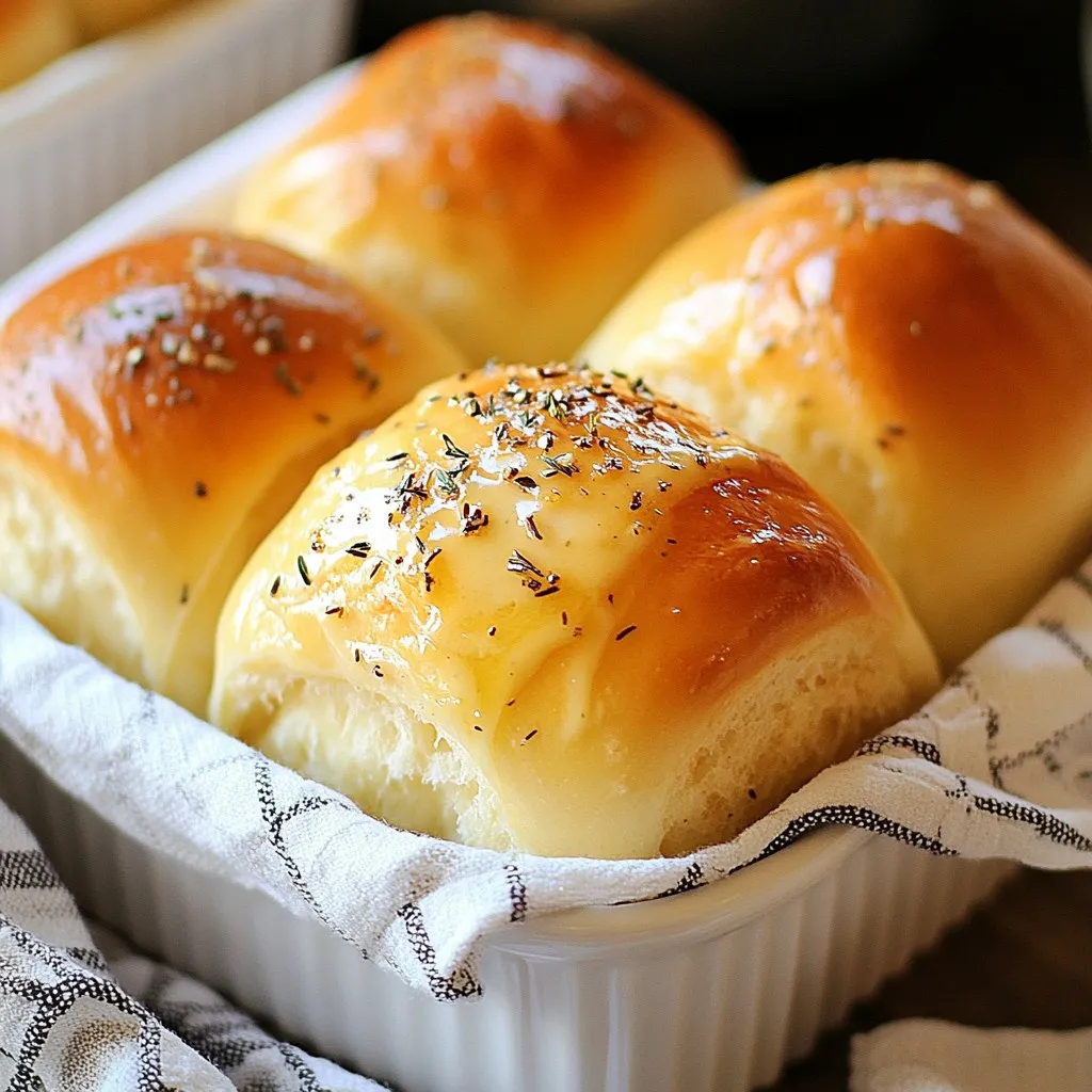 To make Garlic Herb Dinner Rolls, gather these simple ingredients: - 3 cups all-purpose flour - 1 packet (2 ¼ tsp) instant yeast - 1 teaspoon salt - 1 tablespoon sugar - 1 cup warm water (around 110°F) - 3 tablespoons olive oil - 4 cloves garlic, finely minced - 1 tablespoon fresh parsley, finely chopped - 1 tablespoon fresh rosemary, finely chopped - 1 teaspoon dried oregano - 1 tablespoon melted butter (for brushing) To ensure your rolls turn out perfect, measure your ingredients with care. Use dry measuring cups for flour. Spoon the flour into the cup and level it with a knife. For liquids like warm water or olive oil, use a liquid measuring cup. Always check the temperature of the water with a thermometer. It should be warm, not hot. You can take these rolls to the next level by adding some optional ingredients. Here are a few ideas: - Grated cheese, like Parmesan or cheddar, can add a rich flavor. - A pinch of red pepper flakes gives a slight kick. - Other herbs, like thyme or basil, can change the taste completely. Feel free to mix and match based on your taste! {{ingredient_image_2}} Start by mixing the warm water, sugar, and yeast in a large bowl. Use warm water around 110°F. Stir gently and let it sit for about 5 minutes. This time allows the yeast to become frothy. A frothy mixture means your yeast is active and ready to go. Next, add the olive oil and salt to the yeast mixture. Gradually mix in 2 cups of the flour. Stir until you form a rough dough. Then, slowly add the rest of the flour. Keep mixing until the dough pulls away from the bowl and forms a ball. Move the dough to a floured surface. Knead it for 5 to 7 minutes. You want the dough to be smooth and elastic. In a small bowl, mix the minced garlic, parsley, rosemary, and oregano. This step adds flavor. Knead this herb mix into the dough. Ensure the herbs are evenly spread throughout. This way, every bite is packed with garlic and herb goodness. Once you have kneaded in the herbs, form the dough into a ball. Place it in a greased bowl and cover it with a clean towel. Let it rise in a warm spot for about 1 hour. The dough should double in size. After it rises, gently punch it down to release air. Divide the dough into 12 equal pieces. Shape each piece into a roll and place them in a greased baking dish. Cover the rolls with a towel again. Let them rise for another 30 minutes. Preheat your oven to 375°F during the last few minutes of rising. Brush the tops of the rolls with melted butter for a nice crust. Bake for 20 to 25 minutes until golden brown. The rolls will sound hollow when tapped. Let them cool slightly before serving. To make fluffy garlic herb rolls, pay close attention to your yeast. Always use warm water around 110°F to activate it. If the water is too hot, it can kill the yeast. After mixing the yeast with the warm water and sugar, let it sit until it froths. This shows the yeast is alive. When kneading, ensure you develop gluten. Knead the dough for 5-7 minutes until it feels smooth. If you have sticky dough, add a bit more flour. But avoid adding too much, as this can make your rolls dense. Let the dough rise until it doubles in size. This takes about one hour in a warm spot. Cover it with a towel to keep it warm. After the first rise, shape the rolls and allow them to rise again for 30 minutes. This second rise is key for fluffiness. One common mistake is skipping the yeast activation step. Always let the yeast foam before mixing it into the dough. Another error is not kneading enough. Kneading develops the gluten, which adds structure to the rolls. Do not rush the rising times. If you let the dough rise too little, the rolls will not be light. On the other hand, letting them rise too long can cause them to collapse. Lastly, avoid overcrowding the rolls in the baking dish. They need space to expand. Arrange them with some room in between. When kneading, use a clean, floured surface. Start by pressing the dough with the heel of your hand. Fold it over, then push down again. Repeat this motion. If the dough sticks, sprinkle a bit of flour on top. However, use flour sparingly. Too much flour will make the rolls heavy. Knead until the dough is smooth and elastic. You can test by stretching a small piece. If it stretches without tearing, it’s ready. This process may take 5-7 minutes. Once kneaded, incorporate your garlic and herbs. This adds flavor and makes the rolls special. Knead again briefly to mix everything throughout. Pro Tips Use Fresh Herbs: Fresh herbs will elevate the flavor of your garlic herb rolls. Make sure to chop them finely for even distribution throughout the dough. Check Dough Consistency: The dough should be smooth and elastic. If it feels too sticky, you can add a bit more flour during kneading, but avoid adding too much to keep the rolls light. Proper Rising Temperature: For the best rise, ensure the dough is placed in a warm, draft-free area. An oven with the light on or a warm spot in your kitchen works well. Brush with Garlic Butter: For an extra burst of flavor, mix minced garlic into the melted butter before brushing it onto the rolls. This adds a delicious finishing touch! {{image_4}} You can add cheese to your garlic herb rolls for extra flavor. Cheese melts well and gives a rich taste. Try using mozzarella for a gooey texture or parmesan for a sharp bite. To add cheese, simply mix 1 cup of shredded cheese into the dough after kneading in the herbs. Feel free to experiment with herbs and spices. Fresh basil, thyme, or chives can change the flavor profile. You can also try adding crushed red pepper flakes for heat. If you want a more unique flavor, mix in a teaspoon of smoked paprika. Just remember, use the same amount of fresh herbs as you would for parsley and rosemary. If you need a gluten-free option, use a gluten-free all-purpose flour blend. Make sure it has xanthan gum for better texture. You can also add 1 tablespoon of apple cider vinegar. This helps with the rise. Follow the same steps as the regular recipe, but watch the dough closely. Gluten-free dough can behave differently, so adjust the water if needed. After enjoying your garlic herb dinner rolls, store any leftovers in an airtight container. Place a paper towel inside to absorb moisture. This keeps the rolls soft and fresh. Store them at room temperature for up to three days. If you want to keep them longer, consider freezing. To freeze your rolls, let them cool completely first. Wrap each roll tightly in plastic wrap. Then, place them in a freezer-safe bag or container. This keeps them safe from freezer burn. You can freeze the rolls for up to three months. When you're ready, just thaw them at room temperature. To reheat your rolls, preheat your oven to 350°F (175°C). Place the rolls on a baking sheet. Cover them with foil to prevent drying out. Heat for about 10-15 minutes until warm. For a crispy crust, remove the foil for the last few minutes. Enjoy your rolls just like they were fresh out of the oven! You can tell the dough has risen enough when it doubles in size. The dough should feel light and airy. To check, gently poke it with your finger. If the dent remains, it’s ready. If the dough springs back, it needs more time to rise. Yes, you can use fresh yeast instead of instant yeast. Use about 20 grams of fresh yeast for this recipe. You will need to dissolve the fresh yeast in warm water first. Let it sit for a few minutes until it bubbles before adding it to your mixture. These rolls pair well with many dishes. You can serve them with soups, stews, or salads. They also go great with pasta or roasted meats. For a fun touch, try dipping them in olive oil or balsamic vinegar. You can make these rolls in advance by preparing the dough and shaping the rolls. Place them in the baking dish, cover, and refrigerate. Let them rise for about an hour before baking. This method helps save time on busy days. In this post, I covered key ingredients, step-by-step instructions, and helpful tips for making garlic herb dinner rolls. I shared how to activate yeast, knead dough, and shape rolls for baking. Remember to store and reheat leftovers properly to keep them fresh. Experiment with variations like adding cheese or using gluten-free options. With these insights, you can create delicious rolls for any meal. Enjoy your baking journey!