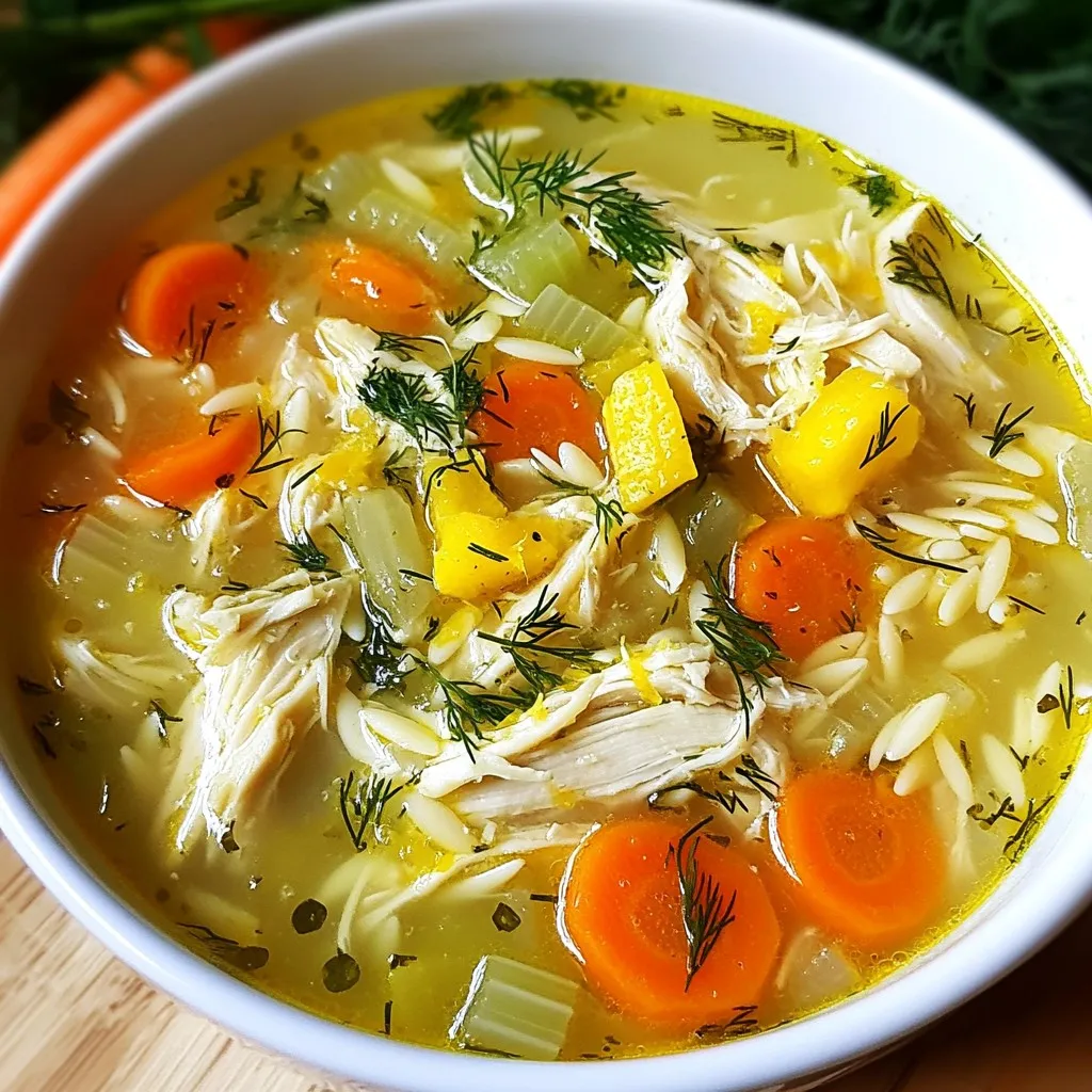 To make Greek lemon chicken soup, you will need: - 1 tablespoon extra virgin olive oil - 1 medium onion, diced - 2 cloves garlic, minced - 2 large carrots, thinly sliced - 2 celery stalks, thinly sliced - 6 cups low-sodium chicken broth - 1 pound boneless, skinless chicken breasts - 1 cup uncooked orzo pasta (or substitute with rice for a gluten-free option) - 2 large eggs - 1/4 cup freshly squeezed lemon juice (about 2 large lemons) - Zest of 1 lemon - 1/2 teaspoon dried oregano - Salt and freshly ground black pepper to taste - Fresh dill or parsley, chopped, for garnish These ingredients blend beautifully for a tasty and comforting soup. You can add a few extra ingredients to change the soup’s flavor: - Spinach or kale for some green goodness - Red pepper flakes for a spicy kick - Feta cheese for creaminess - Chopped tomatoes for a fresh touch Feel free to mix and match to suit your taste! If you have dietary needs, here are some swaps: - Use quinoa instead of orzo for a gluten-free option. - Choose vegetable broth for a vegetarian soup. - Swap chicken for tofu or chickpeas for a plant-based meal. These substitutions help make the soup fit your diet while keeping it delicious. {{ingredient_image_2}} First, gather all your ingredients. You’ll need onion, garlic, carrots, celery, and chicken. Start by dicing the onion and mincing the garlic. Slice the carrots and celery thinly. This helps them cook evenly. Heat a large pot over medium heat. Add one tablespoon of extra virgin olive oil. Once hot, add the diced onion. Sauté until the onion is soft and fragrant, about five minutes. Then, add the minced garlic, sliced carrots, and celery. Stir and cook them for another three to four minutes. Next, pour in six cups of low-sodium chicken broth. Increase the heat to bring it to a rolling boil. Once boiling, carefully add one pound of boneless, skinless chicken breasts and one cup of uncooked orzo pasta. Reduce the heat to medium-low. Let it simmer uncovered for fifteen to twenty minutes. The chicken should reach 165°F and the orzo should be tender. After this time, remove the chicken and place it on a cutting board. Shred the chicken into bite-sized pieces using two forks. Return the shredded chicken to the pot and stir to combine. In a small bowl, crack two large eggs. Add 1/4 cup of freshly squeezed lemon juice and the zest of one lemon. Whisk these together until smooth. To avoid curdling, ladle about one cup of hot soup into the egg mixture while whisking. This is called tempering. Gradually pour the tempered egg mixture back into the soup pot while stirring gently. Make sure the soup does not boil. This keeps the texture smooth and creamy. Finally, season the soup with 1/2 teaspoon of dried oregano, salt, and black pepper to taste. Remove the pot from heat and serve hot, garnished with fresh dill or parsley. To keep your soup smooth, temper the eggs. Start by whisking the eggs, lemon juice, and zest in a bowl. Next, slowly add hot soup to this mix while stirring. This method warms the eggs gently. After that, pour the egg mixture back into the pot. Remember, do not let the soup boil after adding the eggs. Taste as you cook. Start with salt and pepper, but don’t stop there. The dried oregano adds a nice touch. If it feels flat, add more lemon juice for brightness. Fresh herbs like dill or parsley bring fresh flavor at the end. Always adjust based on your taste buds. Fresh ingredients make a big difference. Use high-quality chicken broth for depth. Olive oil adds richness, while onions and garlic create a solid base. The lemon juice balances the flavors nicely. Also, don’t skip the zest; it packs a punch of flavor. Each ingredient plays a role, so choose wisely! Pro Tips Fresh Ingredients: Using fresh vegetables and high-quality chicken can significantly enhance the flavor of your soup. Choose organic produce when possible for the best taste. Egg Tempering: To achieve a smooth and creamy texture, always temper the egg mixture by slowly adding hot soup to it before mixing it back into the pot. This prevents curdling. Flavor Adjustments: Taste your soup before serving and adjust the seasoning as needed. A little extra salt or lemon juice can make a big difference in flavor. Garnish for Freshness: Always garnish your soup with fresh herbs just before serving. This adds a pop of color and enhances the overall flavor profile of the dish. {{image_4}} You can easily make Greek Lemon Chicken Soup gluten-free. Simply swap the orzo pasta with rice. Most types of rice work well in this soup. You can use white, brown, or even quinoa. Just make sure to adjust the cooking time for the rice to ensure it cooks through. For a vegetarian version, leave out the chicken. Use vegetable broth instead of chicken broth. You can add chickpeas or white beans for protein. These ingredients will give you a hearty soup. Toss in some extra veggies like spinach or zucchini for added nutrition and flavor. Herbs and spices can change the flavor of your soup. Besides oregano, try thyme or basil for a new taste. You can also add a pinch of red pepper flakes for heat. Fresh herbs like parsley or dill add brightness and freshness. Experiment with these options to find your favorite mix! To keep your Greek Lemon Chicken Soup fresh, store it in airtight containers. Make sure the soup cools first. This helps prevent moisture build-up that can spoil the soup. Label the containers with the date. It is best to eat the leftovers within three days for the best taste. When you want to enjoy the soup again, reheat it gently. Pour the soup into a pot and warm it over low heat. Stir it often to ensure even warming. You can also use the microwave. Heat it in short bursts, stirring between each one. This helps keep the soup creamy and avoids overheating. If you have extra soup, freezing is a great option. Use freezer-safe containers or bags. Leave some space at the top, as the soup will expand when frozen. Label with the date. It can last up to three months in the freezer. When ready to eat, thaw it in the fridge overnight before reheating. Store Greek Lemon Chicken Soup in an airtight container. Let it cool first. Place it in the fridge for up to three days. If you want to keep it longer, freeze it. Pour it into freezer-safe containers or bags. Leave some space at the top for expansion. Yes, you can make this soup ahead of time. It tastes even better after resting. Just follow the recipe, let it cool, and store it in the fridge. When ready to eat, heat it on the stove. You may want to add a bit more broth if it thickens. Reheating the soup takes about 10-15 minutes. Use medium heat on the stove. Stir it often to prevent sticking. If you use a microwave, heat it in short bursts. Stir between intervals to warm it evenly. Make sure it’s hot throughout before serving. This blog post covered how to make Greek Lemon Chicken Soup from scratch. You learned about the main ingredients and how to customize your soup for different diets. I walked you through step-by-step instructions for preparation and cooking. Helpful tips showed you how to avoid curdling eggs and achieve the best flavor. You also learned about variations and how to store leftovers properly. Now you have all the tools to create a tasty, warming soup. Enjoy every spoonful!