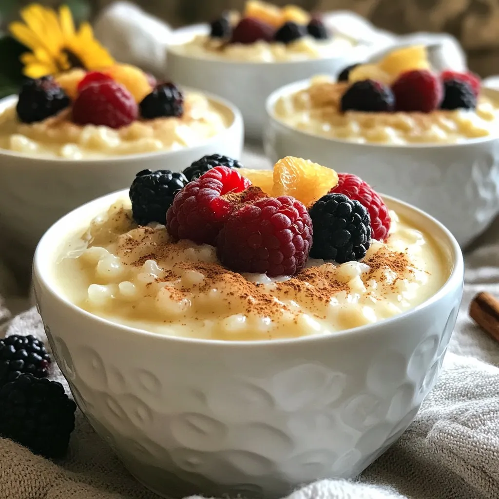 - 1 cup Arborio rice (or short-grain rice) - 4 cups whole milk - 1/2 cup granulated sugar - 1 vanilla bean, split lengthwise with seeds scraped - 1/4 teaspoon fine sea salt - 2 large egg yolks - 1 teaspoon pure vanilla extract - 1/4 cup heavy cream To create a rich and creamy rice pudding, you need quality ingredients. Arborio rice gives the dish its classic creaminess. Whole milk adds a lovely richness. Granulated sugar sweetens the mix, while the vanilla bean brings a warm, fragrant flavor. Fine sea salt balances the sweetness. The egg yolks add a silky texture, and pure vanilla extract enhances the vanilla taste. Finally, heavy cream makes the pudding extra smooth and rich. - Ground cinnamon - Fresh berries or dried fruit For a delightful finish, you can use ground cinnamon to sprinkle on top. Fresh berries bring a burst of color and flavor, while dried fruit adds a sweet chewiness. These garnishes elevate the dish and make it visually appealing. - Medium-sized saucepan - Whisk - Bowls for mixing You will need a medium-sized saucepan to cook the rice pudding. A whisk helps mix the egg yolks smoothly. Use bowls for mixing the ingredients and tempering the eggs. Having these tools ready makes the cooking process easy and fun. {{ingredient_image_2}} Start by combining these ingredients in a medium-sized saucepan: - 1 cup Arborio rice (or short-grain rice) - 4 cups whole milk - 1/2 cup granulated sugar - 1 vanilla bean, split lengthwise with seeds scraped - 1/4 teaspoon fine sea salt Stir them until the sugar dissolves and the rice spreads out evenly. Next, set the saucepan over medium heat. Bring the mixture to a gentle simmer, stirring often to stop sticking. Once it simmers, lower the heat to keep a gentle simmer. Cover the pot and let it cook for about 25-30 minutes. Stir it occasionally. The rice should become tender, and the mix will turn creamy. While the rice pudding cooks, prepare the egg mixture. In a small bowl, whisk together: - 2 large egg yolks - 1 teaspoon pure vanilla extract Make sure it blends well and is smooth. To temper the egg yolks, add a ladleful of the warm rice pudding to the egg mixture. Whisk it constantly as you add the warm pudding. This keeps the eggs from cooking too fast. Now, slowly pour the tempered egg yolk mixture back into the saucepan with the rice pudding. Stir it constantly as it cooks for 5-7 more minutes. This will help the pudding thicken a bit. Once it thickens, remove the saucepan from the heat and take out the vanilla bean pod. Then, fold in: - 1/4 cup heavy cream This adds richness to the pudding. Let the rice pudding cool slightly before you serve it. You can enjoy it warm or chill it, based on what you like best. Choosing the right rice is vital. I recommend using Arborio rice or any short-grain rice. These rice types have a high starch content. This starch gives the pudding its creamy texture. When you cook it slowly, the rice absorbs the milk well. It becomes tender and creates a smooth pudding. Slow cooking also plays a key role. Cook your rice pudding on low heat. This prevents burning and sticking. Stir it often to ensure even cooking. You want the rice grains to soften and swell. Aim for a creamy consistency, which takes about 25-30 minutes. Fresh vanilla beans are a game changer. They add depth to your pudding's flavor. Split the bean and scrape out the seeds. Use both the seeds and the pod in your cooking. This maximizes the vanilla essence. You can also add a splash of pure vanilla extract. This boosts the vanilla taste even more. The combination of fresh vanilla and extract creates a rich flavor. Your dessert will taste more vibrant and aromatic. For a lovely presentation, serve the pudding in individual bowls. Charming ramekins also work well. This gives each guest their own portion. Top it off with a sprinkle of ground cinnamon. You can also add fresh berries or dried fruit for color. These garnishes not only look beautiful but also add flavor. Try different fruits to find your favorite mix. Enjoy this creamy comfort dish in style! Pro Tips Choose the Right Rice: Arborio rice is ideal for creating a creamy texture due to its high starch content. If unavailable, any short-grain rice can work, but the texture might vary slightly. Monitor the Cooking Time: Cooking too long can lead to mushy rice pudding. Keep an eye on the texture, and remember it will thicken further as it cools. Enhance the Flavor: For a richer flavor, consider adding a splash of bourbon or rum to the pudding before serving. It pairs beautifully with vanilla. Serve with Style: Presentation matters! Use elegant serving dishes and consider garnishing with a mint leaf for a fresh touch. {{image_4}} You can switch up the sugar in this dish. Honey or maple syrup work well. These natural sweeteners add their own unique flavors. Honey gives a floral note, and maple syrup adds a warm, earthy taste. Use about the same amount as sugar. Adjust to your taste. This change can make the pudding feel fresh and new. If you want a dairy-free option, try coconut milk or almond milk. These alternatives keep the pudding creamy. They also add their own flavors, enhancing the dish. For gluten-free needs, you can rest easy. Rice is naturally gluten-free, so you are safe to enjoy. Spices can elevate your rice pudding. Nutmeg and cardamom add warmth and depth. Just a pinch can change the whole dish. You can also infuse flavors into the pudding. Citrus zest or chocolate can create exciting twists. Try adding orange zest for a bright taste. Or mix in some cocoa powder for a rich, chocolatey treat. Experiment and find your favorite combination. Classic vanilla bean rice pudding stays fresh in your fridge for about 4 to 5 days. Make sure to store it in an airtight container. This will help keep the pudding creamy and flavorful. If you notice any separation, just stir it before serving. You can freeze rice pudding for up to 2 months. To freeze, let it cool completely. Then, scoop it into freezer-safe bags or containers. Make sure to leave some space for expansion. When you are ready to eat, place it in the fridge for a night to thaw. To reheat rice pudding, use the stovetop or microwave. For the stovetop, gently warm it in a pan over low heat. Add a splash of milk for creaminess. Stir often to prevent sticking. In the microwave, heat it in short bursts. Stir in between each burst to ensure even warming. Enjoy your creamy comfort dish! Yes, you can use other types of rice. Arborio rice works well for its creamy texture. You might try short-grain rice for a similar effect. Jasmine or basmati rice can change the flavor but still create a tasty pudding. Just remember, different rice may alter cooking time and texture. To thicken rice pudding, you can cook it longer. Stirring often helps it thicken nicely. If you want a richer pudding, add more egg yolks. You can also mix in cornstarch. Just blend a little with cold milk before adding it to the pot. This will help you get your desired creaminess. Vanilla extract is not needed if you use vanilla beans. The beans provide a strong and rich flavor. However, adding a little extract can enhance the vanilla taste. It can also ensure the flavor stays strong if beans are not as fresh. Using both gives you a deeper flavor profile. Rice pudding is simple to make with just a few key ingredients. You learned about the main components, cooking steps, and ways to enhance flavors. This dish allows for many variations, from sweeteners to dietary options. When stored correctly, your pudding will last. Don’t forget to try different spices and presentation ideas. Rice pudding is versatile, and you can make it your own. Enjoy crafting your perfect bowl of this classic treat!