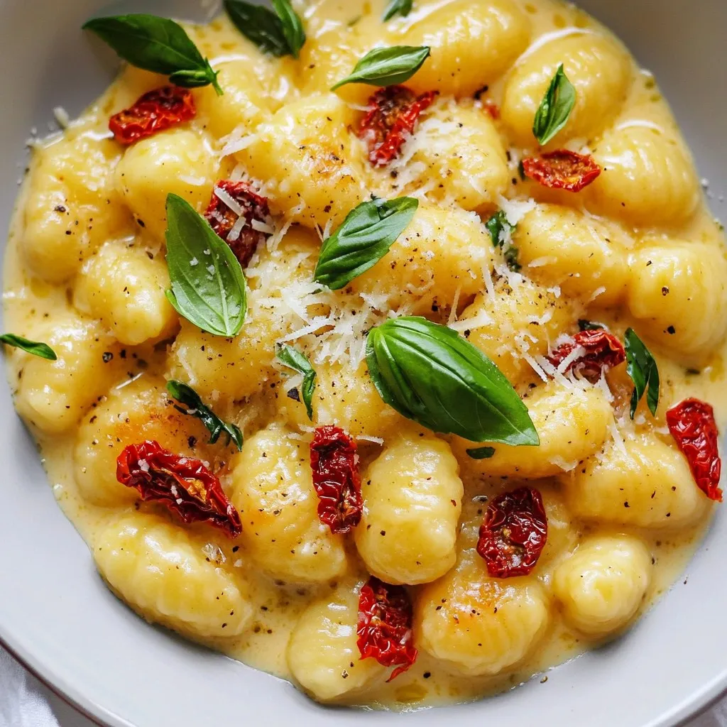 - 1 pound potato gnocchi - 1 cup sun-dried tomatoes, packed in oil, drained and finely chopped - 1 cup heavy cream - 1/2 cup grated Parmesan cheese - 2 cloves garlic, minced - 1 tablespoon extra virgin olive oil - 1 teaspoon dried Italian herbs - Salt and freshly ground black pepper to taste - Fresh basil leaves for garnish When you gather your ingredients, focus on quality. Choose potato gnocchi that feels soft yet firm. Sun-dried tomatoes in oil add flavor and moisture. Heavy cream brings richness, while Parmesan adds a salty kick. Fresh garlic enhances the taste. Olive oil gives a lovely base. Dried Italian herbs bring warmth and depth. Adjust salt and pepper to fit your taste. Lastly, fresh basil leaves add a burst of color and aroma. {{ingredient_image_2}} 1. Boil water and add salt. Fill a large pot with water. Add a good amount of salt to it. Salt brings out the flavor of the gnocchi. 2. Cook gnocchi according to package instructions. Once the water boils, add the potato gnocchi. It takes about 2-3 minutes to cook. You know they are done when they float. Drain the gnocchi and set them aside. 1. Sauté garlic in olive oil. In a large skillet, heat 1 tablespoon of extra virgin olive oil over medium heat. Add 2 cloves of minced garlic. Sauté for about 1 minute. You want the garlic to smell great but not burn. 2. Add sun-dried tomatoes and herbs. Next, add 1 cup of chopped sun-dried tomatoes along with 1 teaspoon of dried Italian herbs. Cook for an additional 2-3 minutes. This helps the flavors mix well together. 1. Pour in heavy cream and add Parmesan. Lower the heat and pour in 1 cup of heavy cream. Stir everything to combine. Let it warm up slowly. Then, whisk in 1/2 cup of grated Parmesan cheese. Keep stirring until the sauce is creamy and smooth. 2. Mix in cooked gnocchi and season. Now, add the cooked gnocchi to the sauce. Gently toss to coat every piece. Let it cook for 2 more minutes. This warms the gnocchi. Finally, taste and add salt and black pepper to your liking. Choosing quality sun-dried tomatoes is key. Look for tomatoes packed in oil. They have a rich, deep flavor. Dried tomatoes can be tough and bland. Always check for freshness and vibrant color. For gnocchi, I recommend using potato gnocchi. They have a light and fluffy texture. You can find them fresh or frozen. Avoid gnocchi made from other flours, as they can be dense. To ensure gnocchi are cooked perfectly, follow the package instructions. Boil them until they float. This usually takes about 2-3 minutes. Overcooking makes them mushy. Always taste one to check for doneness. For a smooth cream sauce, keep the heat low when you add the cream. Stir constantly to prevent it from curdling. Mixing in the cheese gradually helps create a silky texture. If the sauce feels too thick, add a splash of pasta water. For presentation, serve the gnocchi in shallow bowls. This makes the dish look fancy. Drizzle some olive oil on top before garnishing with fresh basil. A sprinkle of extra Parmesan adds a nice touch. Pair this dish with a crisp white wine, like Pinot Grigio. A light salad on the side balances the creamy sauce. Enjoy this delightful meal with friends or family! Pro Tips Fresh Ingredients: Using fresh basil and quality sun-dried tomatoes can elevate the flavor profile of your dish significantly. Adjust Creaminess: If you prefer a lighter sauce, you can substitute half of the heavy cream with vegetable or chicken broth. Gnocchi Texture: For extra texture, consider lightly pan-frying the gnocchi in a bit of oil after boiling for a crispy finish before adding to the sauce. Leftover Storage: Store any leftovers in an airtight container in the fridge, but be aware that the gnocchi may absorb the sauce and become firmer. {{image_4}} Making it gluten-free You can easily make this dish gluten-free. Simply use gluten-free gnocchi made from potatoes or rice flour. These types of gnocchi taste great and work well in the creamy sauce. Always check the label to ensure they fit your diet. Vegetarian options This recipe is already vegetarian. You can add more vegetables like bell peppers or spinach to boost nutrition. Sauté them with the garlic for added flavor and color. Adding sautéed vegetables To add more texture and taste, try sautéing vegetables. Spinach, zucchini, or mushrooms blend well with sun-dried tomatoes. Just cook them with the garlic to infuse their flavors. Incorporating proteins like chicken or shrimp If you want a heartier meal, add protein. Grilled chicken or shrimp pairs nicely with the creamy sauce. Just cook the protein separately, then mix it in before serving. Using alternative cheese options You can swap Parmesan for other cheeses if you prefer. Goat cheese or feta adds a tangy twist. Just crumble it into the sauce, letting it melt for a new flavor. Creating a lighter sauce For a lighter sauce, use half-and-half instead of heavy cream. This keeps the dish creamy while cutting down on fat. You can also add some vegetable broth for more flavor without the heaviness. How do I store leftovers? To store leftovers, let the gnocchi cool first. Place it in an airtight container. Store it in the fridge for up to three days. This keeps the flavors fresh and safe to eat. What about freezing options for meal prep? You can freeze the gnocchi before adding the sauce. Place cooked gnocchi on a baking sheet. Freeze until solid, then transfer to a freezer bag. It can last up to three months in the freezer. When ready to eat, thaw it overnight in the fridge. How can I reheat gnocchi without losing texture? To reheat gnocchi, use a skillet over medium heat. Add a splash of water or broth. Stir gently to heat through without making it mushy. What are the recommended methods for the creamy sauce? For the creamy sauce, reheat it slowly in a small pot. Stir often to avoid burning. If it gets too thick, add a bit of cream or milk to loosen it up. How do I know when gnocchi is cooked? You can tell gnocchi is cooked when it floats to the surface of boiling water. This usually takes about 2-3 minutes. If they sink, give them a bit more time. Once they float, drain them right away to keep them soft and fluffy. Can I use frozen gnocchi? Yes, you can use frozen gnocchi. You don’t need to thaw them first. Just drop them into boiling water straight from the freezer. They will take a little longer to cook, around 3-5 minutes. Watch for when they float to know they are ready. Can I substitute heavy cream? You can substitute heavy cream with half-and-half or whole milk for a lighter sauce. If you want a non-dairy option, try coconut cream or cashew cream. However, keep in mind that these alternatives might change the flavor and texture a bit. What can I use instead of sun-dried tomatoes? If you don’t have sun-dried tomatoes, you can use roasted red peppers or fresh cherry tomatoes. Just chop them finely. These options will add a different but tasty flavor to the dish. How can I make this dish ahead of time? You can cook the gnocchi and prepare the sauce ahead of time. Store them separately in the fridge. To reheat, just combine them in a pan over low heat. Add a splash of cream or water to keep the sauce creamy. What other herbs can I add for flavor? Feel free to add fresh herbs like parsley or thyme for extra flavor. You can also try a pinch of red pepper flakes for some heat. Mixing in fresh basil right before serving adds a nice touch too. This dish combines creamy sauce, gnocchi, and sun-dried tomatoes for a tasty meal. Remember to pick quality ingredients for the best flavor. Perfectly cooked gnocchi and a smooth sauce make this dish stand out. Consider variations like gluten-free or adding proteins to suit your taste. Store leftovers well to enjoy later. With these tips, you can create a dish that impresses anyone. Enjoy making this delightful meal and share it with friends and family!