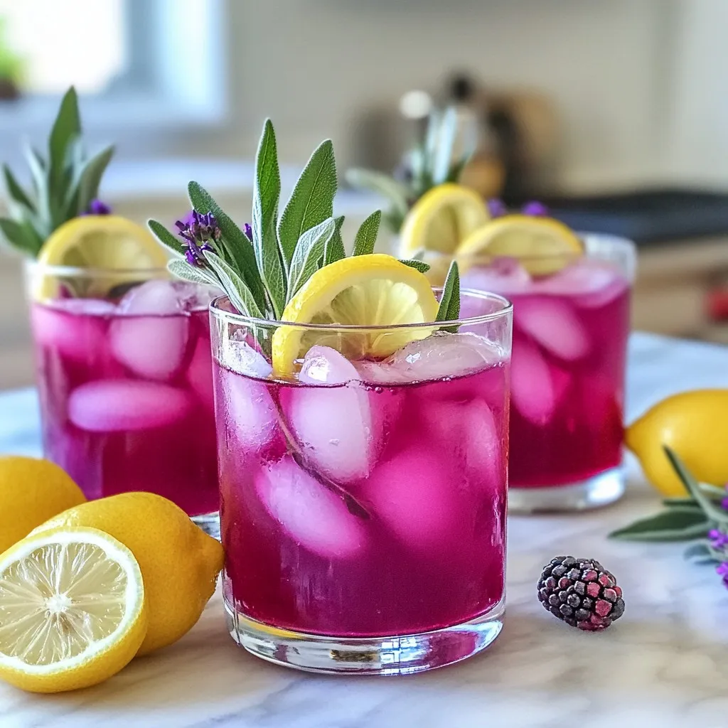 To make this refreshing blackberry sage lemonade, you need: - 1 cup fresh blackberries - 5-6 fresh sage leaves - 1 cup granulated sugar - 1 cup freshly squeezed lemon juice (about 4-6 lemons) - 4 cups water (divided) - Ice cubes - Lemon slices and fresh sage sprigs for garnish The recipe calls for specific amounts to get the best taste. - Use 1 cup of blackberries for a sweet, fruity base. - Add 5-6 sage leaves to bring a fresh, herbal note. - A cup of sugar balances the tartness of lemons. - Freshly squeezed lemon juice adds a bright flavor. - Divide the 4 cups of water into parts for cooking and mixing. Garnishing enhances the drink's look and taste. - Use lemon slices to add a pop of color. - Fresh sage sprigs give a nice herbal touch. - These garnishes also add a hint of aroma while drinking. {{ingredient_image_2}} To start, gather your ingredients. You need fresh blackberries, sugar, water, and sage leaves. In a medium saucepan, mix 1 cup of blackberries with 1 cup of sugar and 1 cup of water. Stir gently to combine. Now, place the saucepan on medium heat. Use a fork or potato masher to mash the blackberries as they heat. Keep mashing until the berries burst and release their juices. This should take about 5 minutes. Once it simmers, add the fresh sage leaves. Let the mix simmer for another 5 minutes. This will give your syrup a nice sage flavor. After simmering, take it off the heat. Use a fine-mesh sieve to strain the syrup into a bowl. Press down on the solids with a spoon to get all the liquid out. Discard the solids. You now have your blackberry-sage syrup ready to go! Next, take a large pitcher and combine your strained syrup with freshly squeezed lemon juice. You will need 1 cup of lemon juice, which comes from about 4-6 lemons. Add the remaining 3 cups of water. Stir well to mix everything together. At this point, taste your lemonade. If it’s too sweet, add more lemon juice. If it’s too tart, add more sugar. Adjust until it’s just right for you. Now, let the lemonade chill in the fridge for at least 30 minutes. This helps the flavors blend nicely. When you are ready to serve, grab some glasses and fill them with ice cubes. Pour the chilled lemonade over the ice. For a pretty touch, garnish each glass with lemon slices and a sprig of fresh sage. This drink not only tastes good but looks great too! Enjoy your refreshing blackberry sage lemonade! To get the right balance in your blackberry sage lemonade, taste as you go. Start with the basic mix of syrup, lemon juice, and water. If it’s too sweet, add more lemon juice. If it’s too tart, add a bit more sugar. You can also use honey or agave instead of sugar for a different twist. This way, you control the flavor and make it just right for you. Straining is key to a smooth drink. Use a fine-mesh sieve to catch bits of sage and blackberry seeds. Press the solids with the back of a spoon to get all the juice out. If you want a super clear drink, strain it twice. This step helps you avoid any gritty texture and keeps your lemonade refreshing. To make your drink even better, think about adding a splash of sparkling water before serving. This gives it a fizzy twist. You can also try adding other herbs like mint or even basil. These will bring new flavors and surprise your taste buds. Lastly, consider using flavored ice cubes made from lemonade or tea. They will add a fun touch as they melt! Pro Tips Use Fresh Ingredients: The quality of your blackberries and sage greatly affects the flavor of the lemonade. Always opt for fresh, ripe blackberries for the best taste. Adjust Sweetness to Taste: Everyone's palate is different. Start with less sugar, and add more gradually until you find the perfect balance for your lemonade. Experiment with Herbs: While sage pairs beautifully with blackberries, feel free to experiment with other herbs like mint or basil for a unique twist on this lemonade. Chill Before Serving: Allowing the lemonade to chill for at least 30 minutes enhances the flavors, making it even more refreshing when served over ice. {{image_4}} You can add a twist to blackberry sage lemonade by making a cocktail. To create a delicious Blackberry Sage Lemonade Cocktail, just mix in your favorite spirit. Vodka or gin works great! Start with 1 to 2 ounces of alcohol in each glass. Then pour the lemonade over ice. You’ll have a fun drink for summer parties. If you want to change the flavor, try using other herbs. Mint adds a fresh taste, while thyme gives a warm note. To use mint, simply swap out the sage leaves. For thyme, use 2-3 small sprigs. Each herb gives a unique twist to your drink. Want a different sweetener? You have options! Honey or agave syrup are great choices. Start with the same amount as sugar, then adjust to taste. You can also use stevia or monk fruit for a low-calorie version. This way, you keep the drink yummy without all the sugar. To store leftover blackberry sage lemonade, pour it into a clean glass jar. Seal it tightly with a lid. This keeps the drink fresh and ready for later use. Make sure to chill it in the fridge right after serving. This drink tastes best cold, so store it in the coldest part of your fridge. When serving fresh blackberry sage lemonade, always use clean glasses filled with ice. This keeps the drink cold and refreshing. You can also garnish each glass with a lemon slice and a sprig of sage. This adds a lovely touch and makes the drink look appealing. Serve it right away for the best flavor and chill. Blackberry sage lemonade will last about 3 to 5 days in the fridge. After this time, the flavors may fade. If you notice any changes in smell or taste, it’s best to toss it. Always check for freshness before serving. This way, you ensure every sip is as delightful as the first! You can use frozen blackberries if fresh ones are not available. Thaw them before use. Raspberries or blueberries also work well. They offer a similar taste and color. Mix and match for fun flavors. Yes, you can prepare the syrup in advance. Store it in the fridge for up to a week. Mix it with lemon juice and water when you're ready to serve. This way, you can enjoy fresh lemonade anytime. To make low-sugar blackberry sage lemonade, use less sugar. You can substitute it with a natural sweetener like stevia or monk fruit. Adjust according to your taste. You can also add more lemon juice for extra tartness. This article covered how to make a delicious blackberry-sage lemonade. We discussed fresh ingredients, easy steps to prepare the syrup, and mixing the lemonade. You learned tips for adjusting sweetness, straining, and enhancing flavors. We also shared variations, like cocktails and herb swaps, plus storage info to keep it fresh. Enjoy experimenting with this recipe. Make it your own and share it with friends!